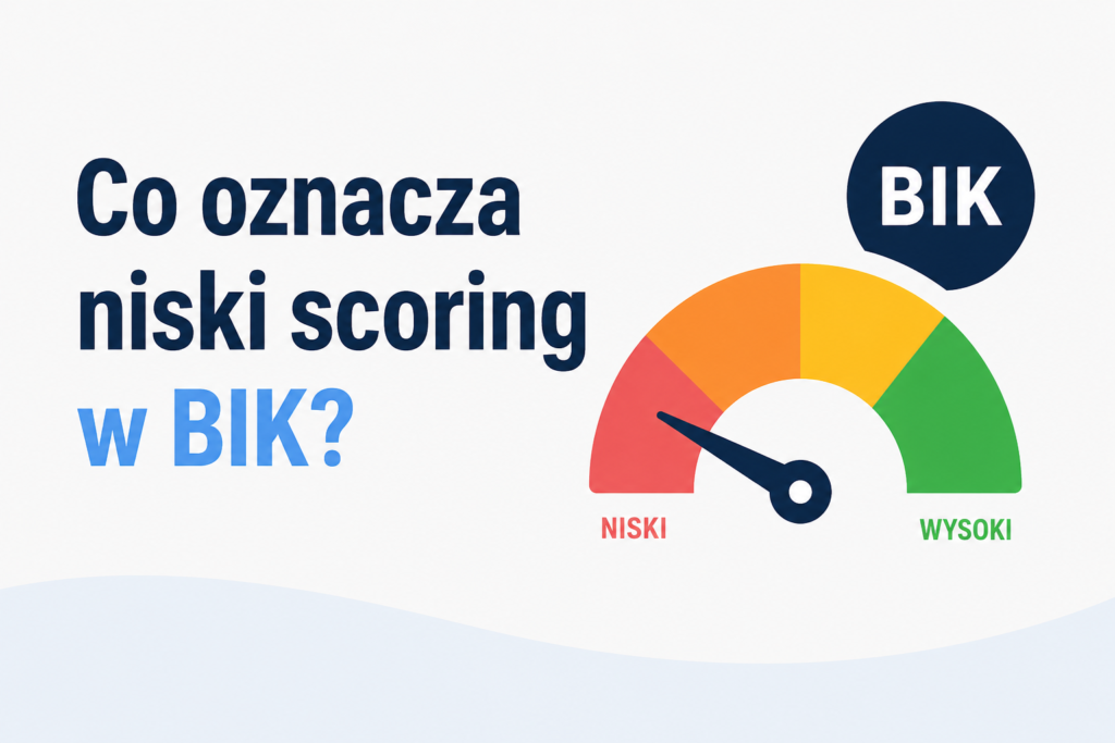 Co oznacza niski scoring w BIK – grafika przedstawiająca wskaźnik oceny punktowej ustawiony w niskim zakresie oraz symbol odnoszący się do BIK.