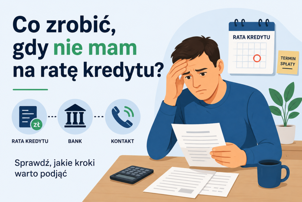 Co zrobić gdy nie mam na ratę kredytu – grafika przedstawiająca osobę analizującą dokumenty kredytowe oraz możliwy kontakt z bankiem w przypadku problemów ze spłatą raty.