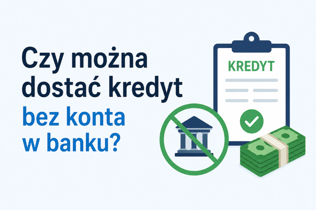 Czy można dostać kredyt bez konta w banku? Prosta grafika przedstawiająca dokument kredytowy, symbol braku konta bankowego oraz banknoty.