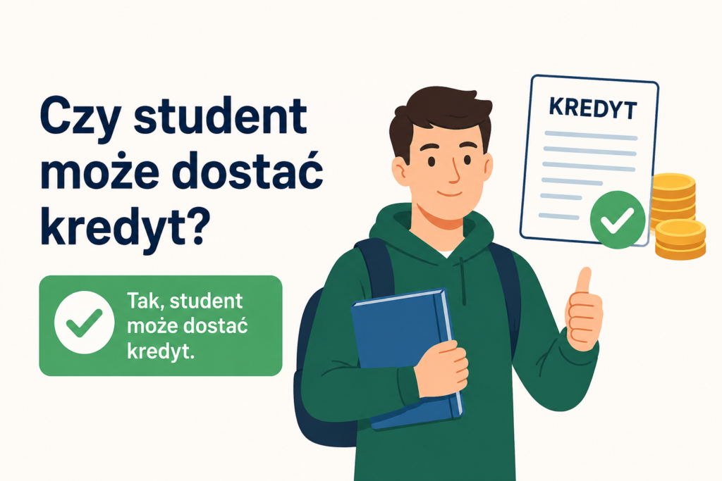 Czy student może dostać kredyt – prosta grafika przedstawiająca studenta i symboliczny dokument kredytowy
