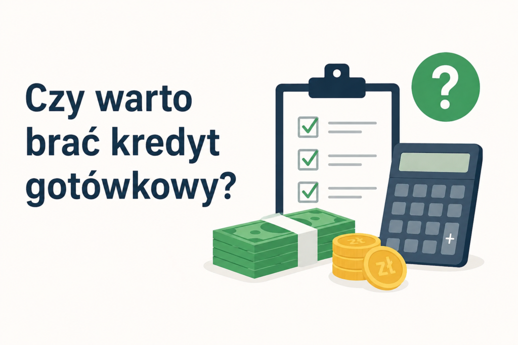 Czy warto brać kredyt gotówkowy – grafika przedstawiająca kalkulator, listę kontrolną, pieniądze oraz znak zapytania symbolizujący decyzję o zaciągnięciu kredytu.
