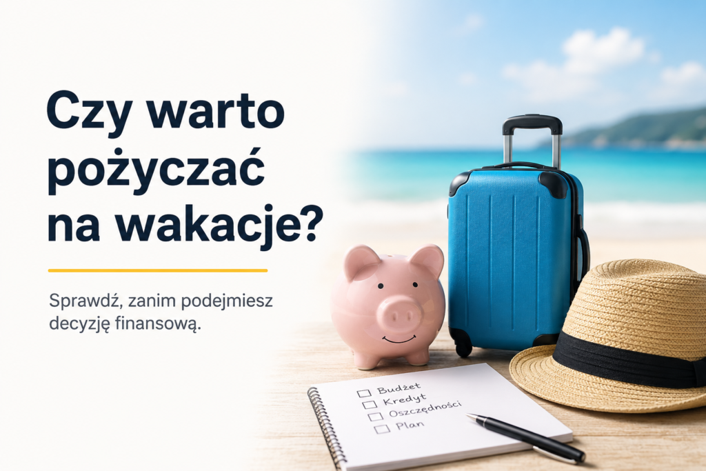Czy warto pożyczać na wakacje – walizka, skarbonka i notatnik z planem budżetu na tle plaży.