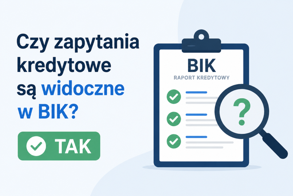 Czy zapytania kredytowe są widoczne w BIK – prosta ilustracja przedstawiająca raport BIK oraz symbol sprawdzania historii kredytowej.