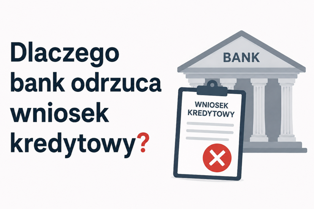 Dlaczego bank odrzuca wniosek kredytowy – ilustracja przedstawiająca budynek banku oraz odrzucony wniosek kredytowy z symbolem odmowy.