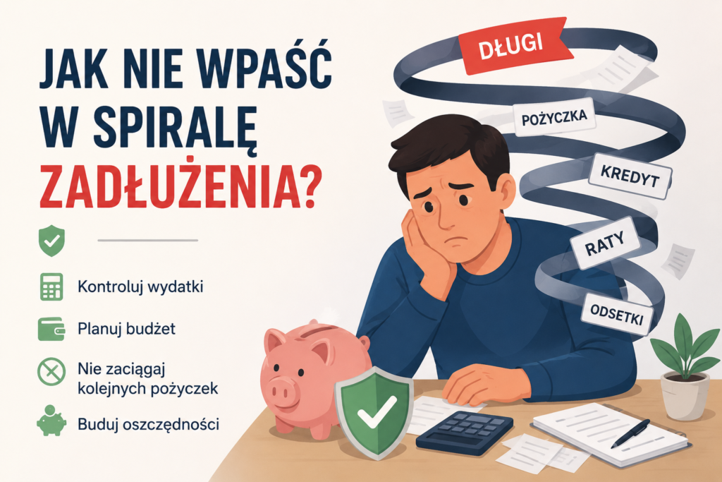 Jak nie wpaść w spiralę zadłużenia – ilustracja przedstawiająca osobę otoczoną zobowiązaniami finansowymi oraz sposoby na uniknięcie problemów z długami.