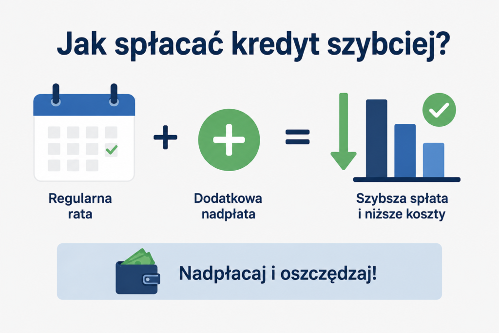 Jak spłacać kredyt szybciej – prosta grafika pokazująca, że regularna rata i dodatkowe nadpłaty mogą przyspieszyć spłatę kredytu oraz obniżyć koszty