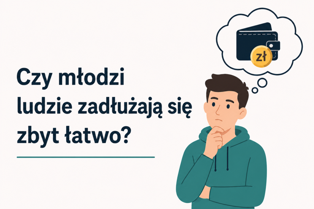 Czy młodzi ludzie zadłużają się zbyt łatwo – ilustracja przedstawiająca młodą osobę zastanawiającą się nad finansami oraz portfel z symbolem złotówki.