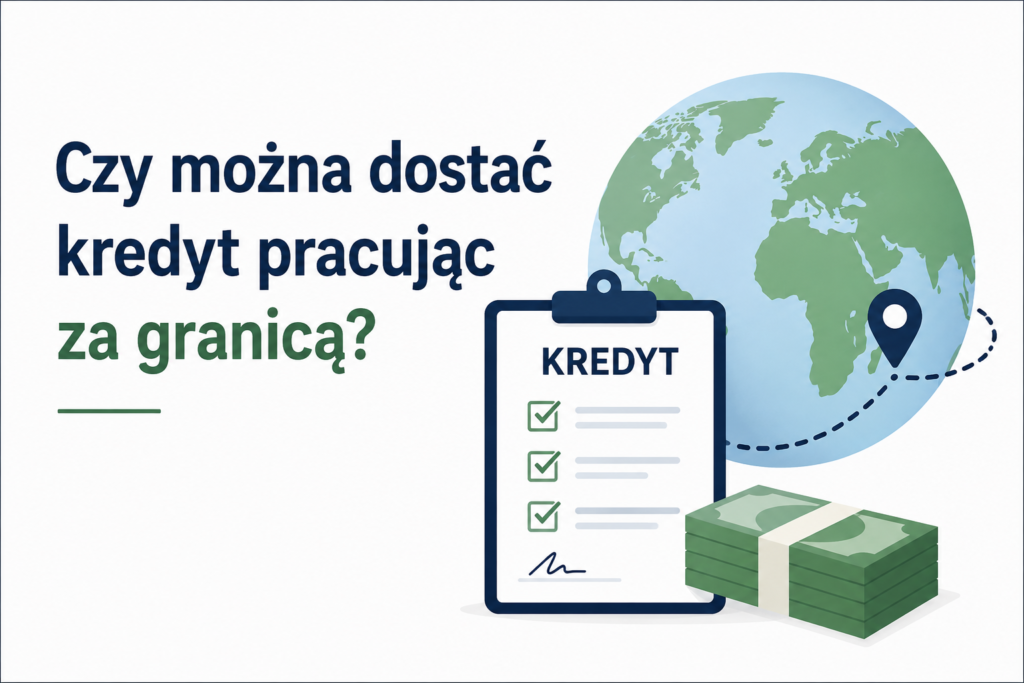 Czy można dostać kredyt pracując za granicą – grafika przedstawiająca dokument kredytowy, pieniądze i globus.