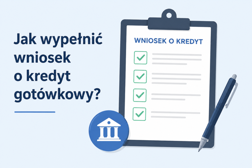 Jak wypełnić wniosek o kredyt gotówkowy? Prosta grafika przedstawiająca formularz kredytowy z listą kontrolną i długopisem.